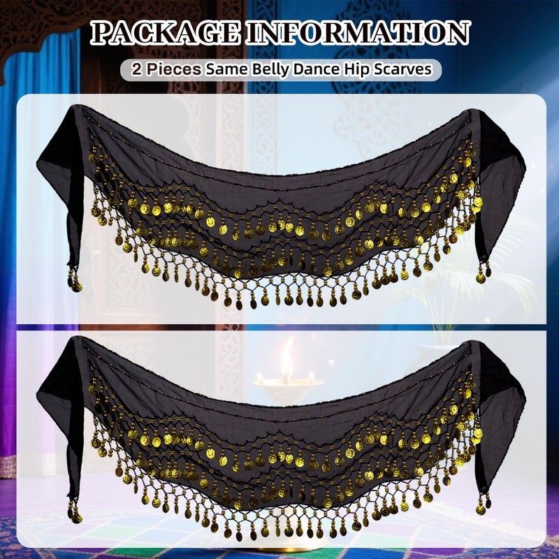 Baisdan Belly Dance Hip Scarf 2 Piece  Belly Dance Skirt and Top Set  Dancing Coin Skirts for Women  Halloween Costume  2Pack  Black - Image 4